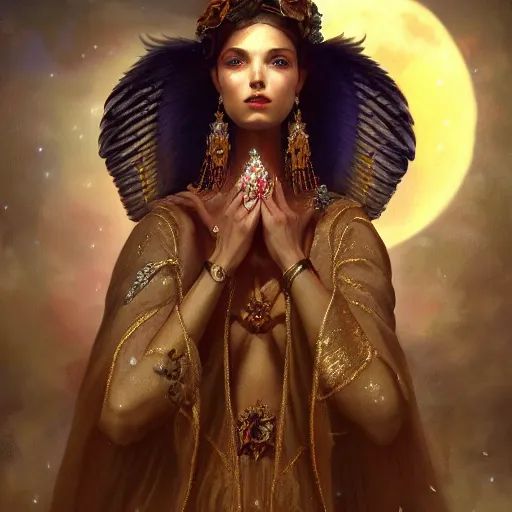 Image similar to A beautiful digital painting of a female Seraphim full of jewels, princess, the moon behind her, intricate, cinematic lighting, highly detailed, digital painting, Artstation, concept art, smooth, sharp focus, illustration, art by Tom Bagshaw, Artgerm and Greg Rutkowski