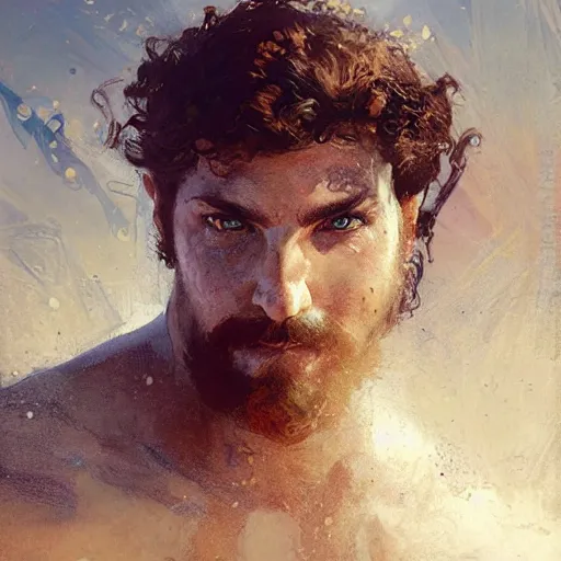 Prompt: young gladiator man with short sandy hair and a trim beard, big forehead, dopey expression, athletic, fantasy character portrait by greg rutkowski, gaston bussiere, craig mullins