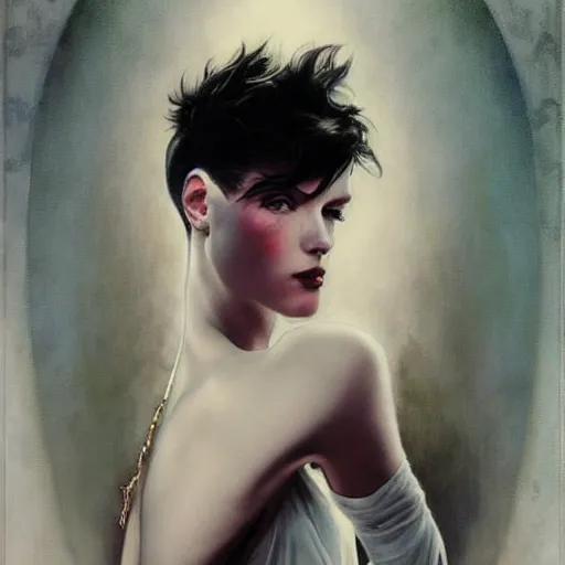 Image similar to beautiful portrait of androgynous ruby rose as desire from sandman in a white tuxedo!!!, rockabilly style, by alphonse mucha, cedric peyravernay, by jeremy mann, by frank moth, white suit and black tie, soft lightning, high detailed, 8 k