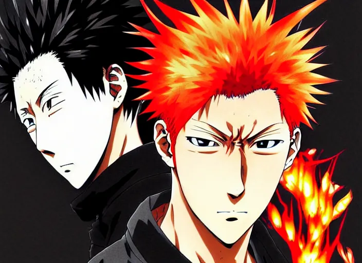 Image similar to a anime portrait of a man with flaming hair, close up, jujutsu kaisen!! finely detailed features, sharp focus, perfect art, scenic background, intricate, anime, illustration, artstation, trending on pixiv fanbox, painted by studio ghibli, yoji shinkawa, mappa