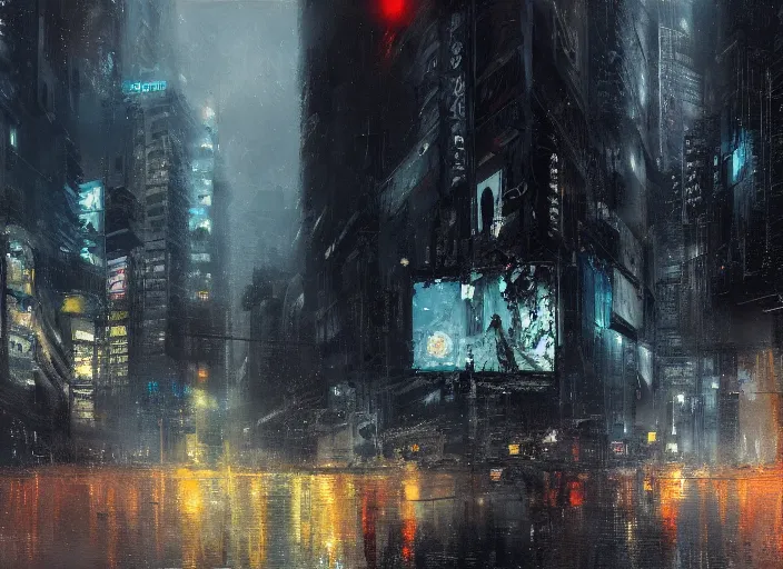 Prompt: neotokyo cityscape in winter painted by jeremy mann, street - level, dripping oil paint, thick brushstrokes, abstracted painterly techniques, high resolution, 8 k