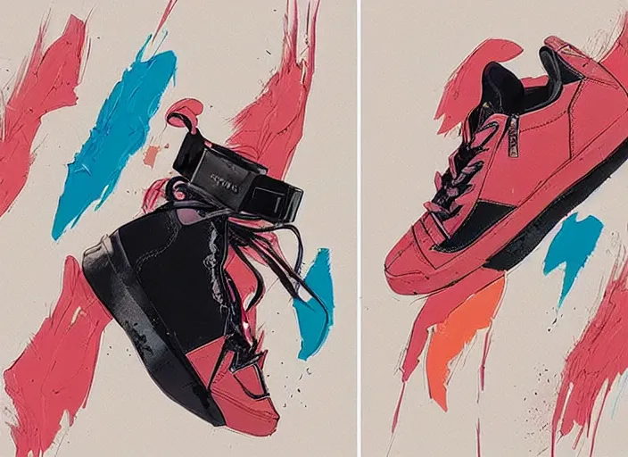 Prompt: sneakers design, a fashion sneaker, retro, conrad roset, greg rutkowski, flume cover art