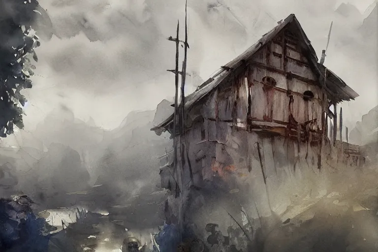 Image similar to paint brush strokes, abstract watercolor painting of rustic village, jettying, viking age, fog, ambient lighting, art by hans dahl, by jesper ejsing, art by anders zorn, wonderful masterpiece by greg rutkowski, cinematic light, american romanticism by greg manchess, creation by tyler edlin