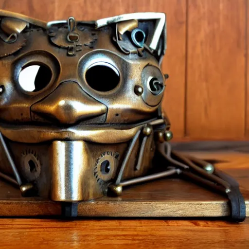 Image similar to steampunk robotic cat head, bronze, gears, on a wooden table