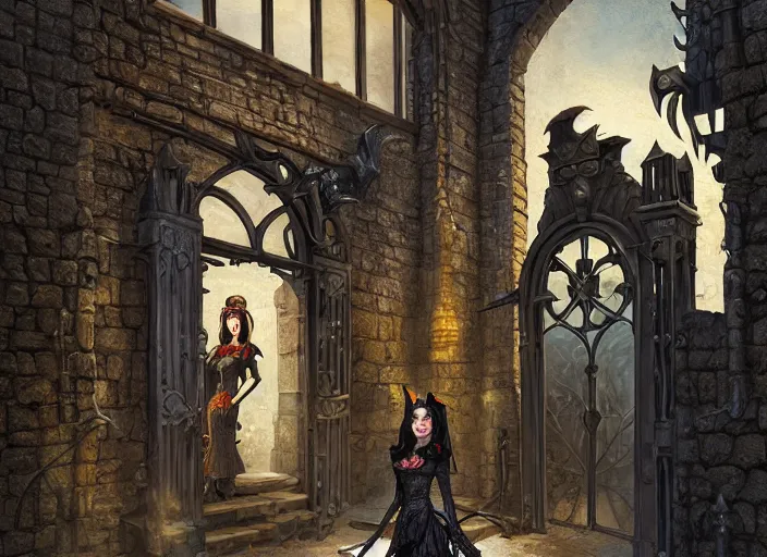 Image similar to a grotesque courtyard with gates and a beautiful witch queen poses with her evil mechanical beast, detailed 4 k painting, dramatic cold light, style of gerald brom