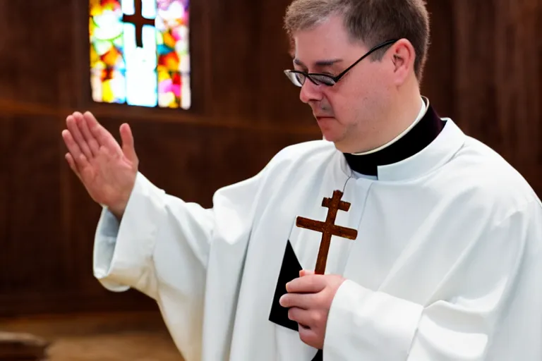 Prompt: catholic priest blessing a pile of illicit substances