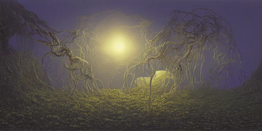 Image similar to Artwork by Michael Whelan of the cinematic view of a brutal realm of secretive tropical rainforests, sublittoral jellyfish schools, and soft-sanded coastlines, illuminated only by dim, distant light from a far sun.