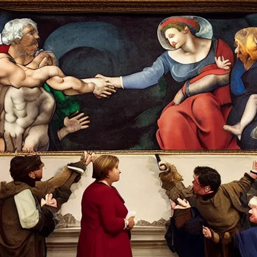 Prompt: the creation of european union, painting by michelangelo, starring angela merkel and harry potter faces instead, high quality