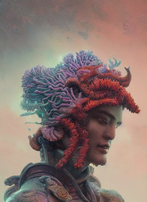 Prompt: Helmet of a forgotten Deity, clowing corals and sea anemone, extremly detailed digital painting, in the style of Fenghua Zhong and Ruan Jia and jeremy lipking and Peter Mohrbacher, mystical colors, rim light, beautiful lighting, 8k, stunning scene, raytracing, octane, trending on artstation