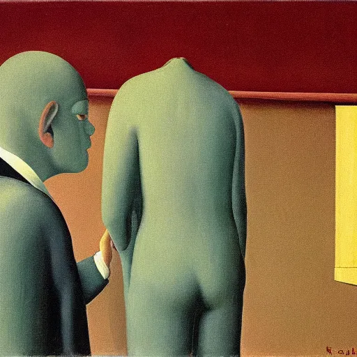 Prompt: devil in disguise, oil painting by rene magritte and edward hopper
