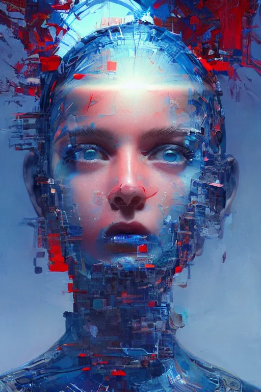 Image similar to 3 d, sci - fi, sun rays, sleepy fashion model face, cinematic, blue faces, vogue cover style, light red and deep blue mood, realistic painting, intricate oil painting, high detail, figurative art, multiple exposure, poster art, 3 d, by tooth wu and wlop and beeple and greg rutkowski