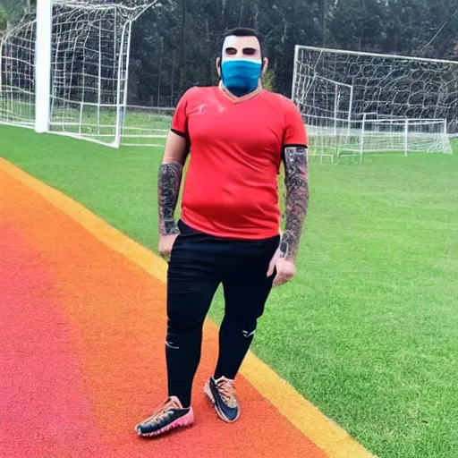 Image similar to overweight kurdish soccer player with face mask and great hair