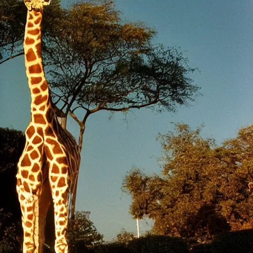 Prompt: a low angle photo of a cat giraffe hybrid, at the golden hour, dusk, sunset, sunrise, warm lighting, strongshadows, photo by slim aarons, award winning
