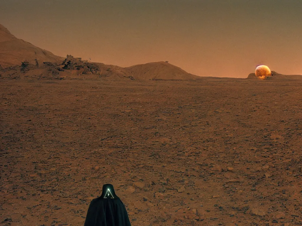 Image similar to glowing bene gesserit in full - face golden glowing mask in a black rocky desert landscape with alienabandoned city beneath the sand and giant alien spaceship in the sky attacks the earth by christopher doyle and alejandro jodorowsky, anamorphic lens, kodakchrome, cinematic composition, very detailed photo, 8 k,