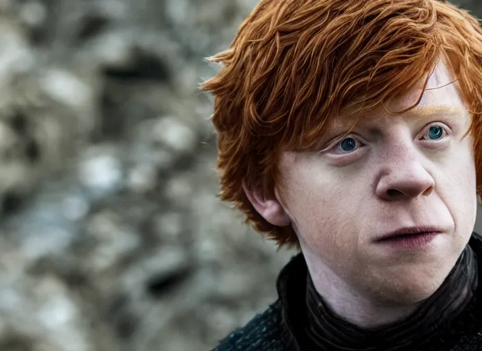 Image similar to ron weasley as thehnellor in game of thrones, rupert grint as thehnellor in game of thrones, handsome portrait of the actor, live action film, cinematic photo, clear hd image