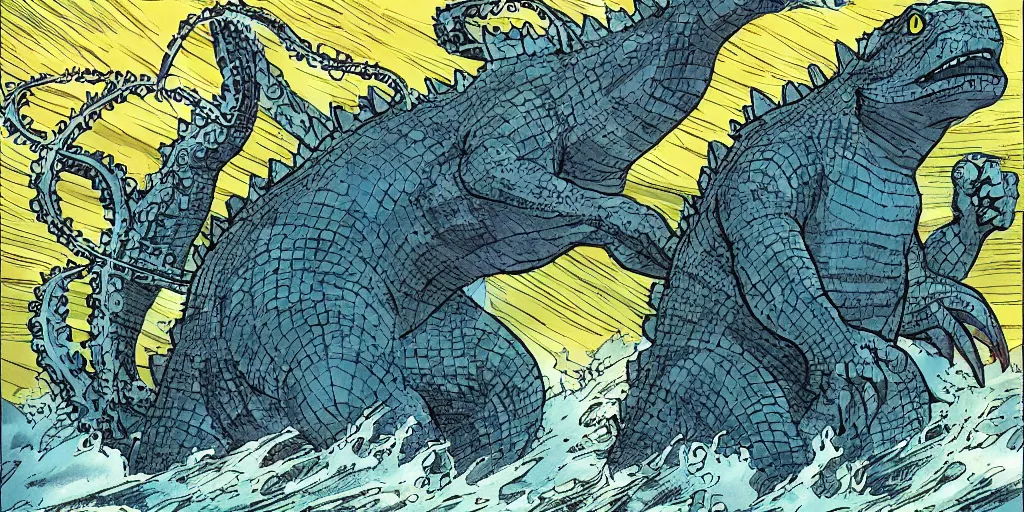 Image similar to godzilla fighting octapus kaiju by walk simonson