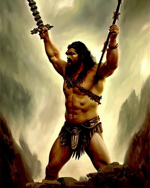 Image similar to beautiful portrait oil painting, jason momoa conan the barbarian wearing a golden wreath crown in royal crimson spartan armor enthroned as the god emperor of ancient rome, mid - shot, action pose, standing in a dungeon, frank frazetta, boris vallejo, greg rutkowski, beautiful cinematic light, american romanticism, by thomas lawrence, greg rutkowski