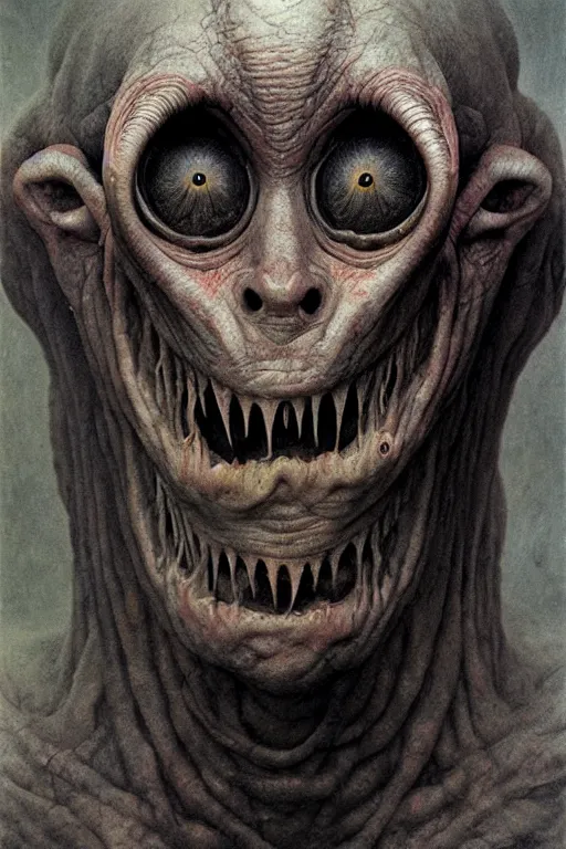 Image similar to perfectly - centered horror portrait - photograph of a brutal scary terrifying ugly monstrous alien goblin creature real life portrait by beksinski and jean delville, slimy pus oozing, unreal engine 5, photorealism, hd quality, 8 k resolution, cinema 4 d,