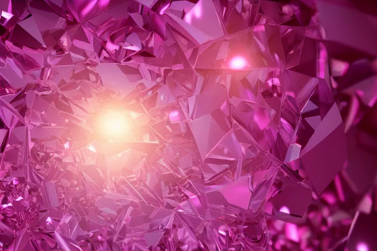 Image similar to film still, pink diamonds cascade like waterfalls from her eyes, cinematic lighting, ray tracing, unreal engine 5, photorealistic, 8 k, uhd, extremely detailed, beautiful, elegant, intricate, foggy, golden ratio, medium close - up, perfect composition, dramatic, medium close - up