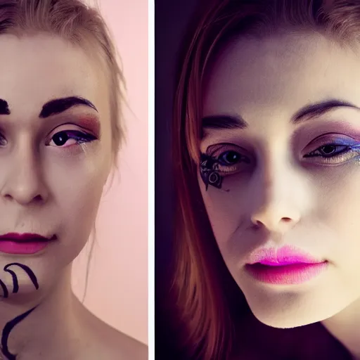 Image similar to photo, closeup, young woman with her face divided into two parts. left part has heavy amount of makeup. right part has intriguing tattoo