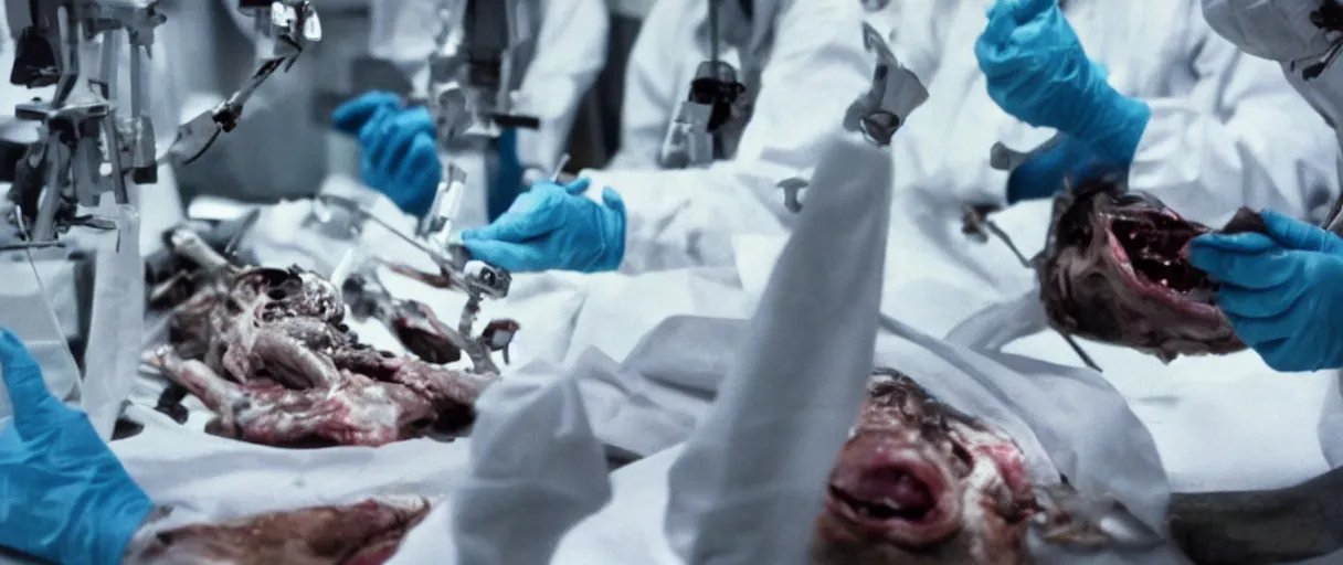 Image similar to filmic dutch angle extreme closeup movie still 4 k uhd 3 5 mm film color photograph of hands wearing surgical gloves dissecting a deceased mysterious grotesque alien specimen in a lab