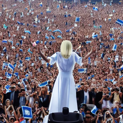 Image similar to Lady Gaga as president, Argentina presidential rally, Argentine flags behind, bokeh, giving a speech, detailed face, Argentina