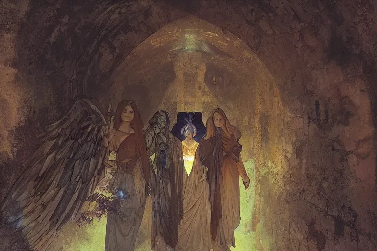 Image similar to inside a tomb, dark scene, light coming in from the left, dark scene, 3 mourning women in colored robes, 2 angels with feathered wings | medium close | fibonacci composition, by greg rutkowski, craig mullins, alphonse mucha