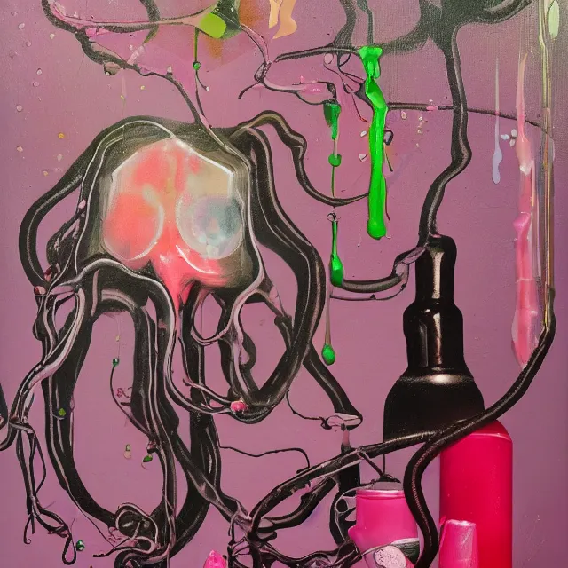 Prompt: pink drips, portrait of a female art student, scientific glassware, oscilloscope, x - ray, sensual, sweet almost oil, almond blossom, squashed berries dripping, octopus, candlelight, neo - impressionist, surrealism, acrylic and spray paint and oilstick on canvas