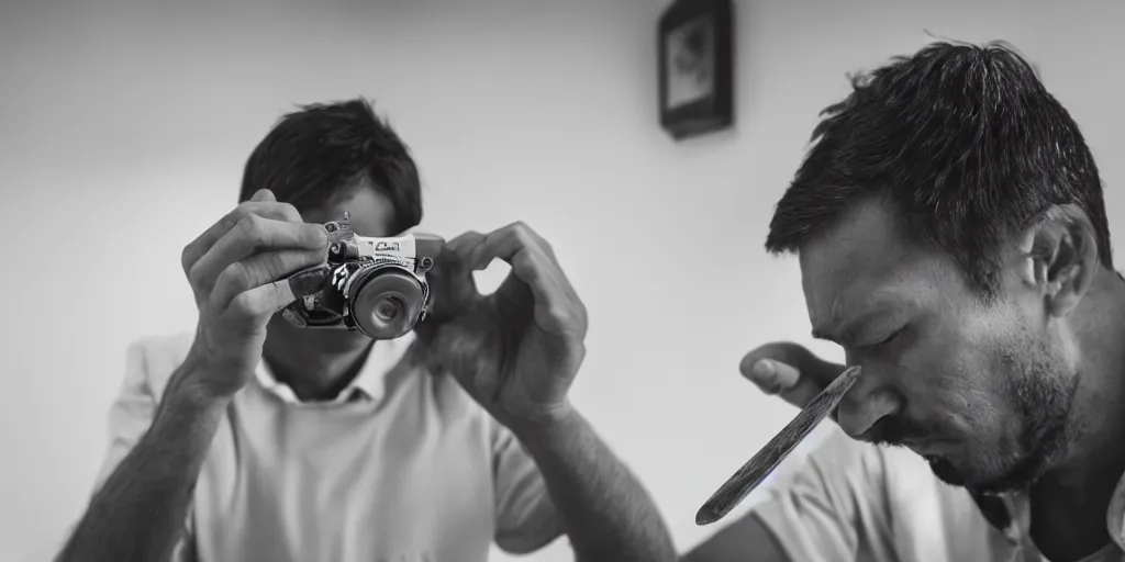 Image similar to dslr a man removing a nail from his third eye, 5 0 mm f 1. 8