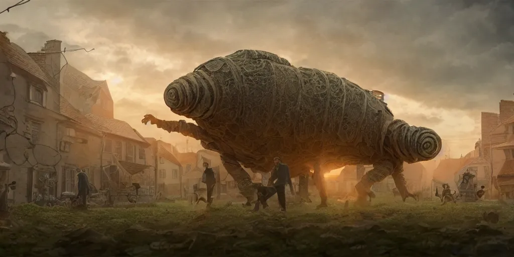 Image similar to Intricate detailed illustration, A giant human tardigrade hybrid attacking a 1940s village, cinematic lighting, by Philip Hood, wide angle, volumetric light scattering, 8k, artstation, concept art,