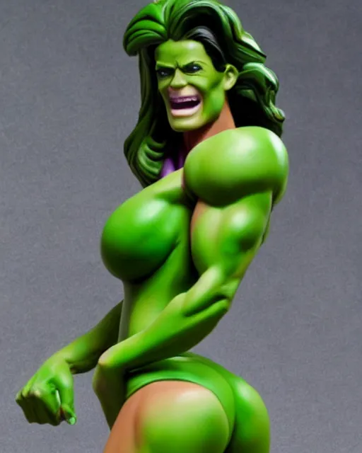 Image similar to maquette sculpture of the gorgeous she hulk, she is wearing a purple one piece swimsuit, she is tall, very fit and extremely muscular, she has green skin all over her body, long black shiny hair, hyperreal, highly detailed, in the style of sideshow collectibles, soft focus, bokeh