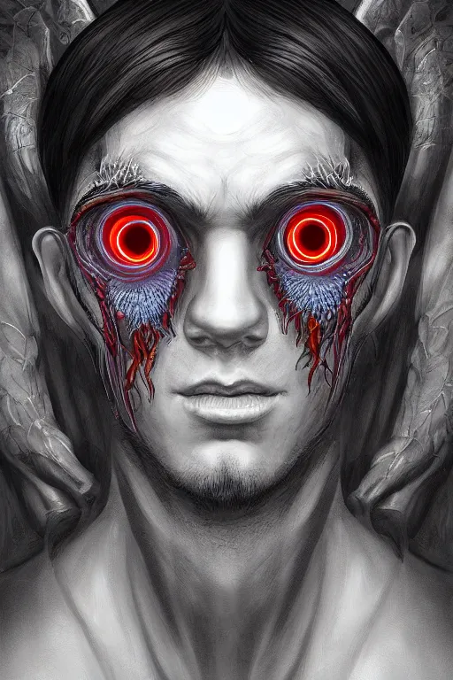 Prompt: portrait of man with seven eyes | digital painting | highly detailed | artgerm