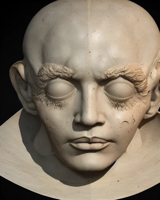 Image similar to planets coming out of a broken renaissance head sculpture, hyper - realistic, in the style of tony santos