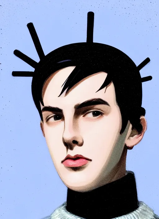 Image similar to portrait of teenage jughead jones wearing a light grey crown, crown, blue turtleneck, 1 9 5 0 s, closed eyes, photorealistic, black hair, glowing lighting, intricate, elegant, glowing lights, highly detailed, digital painting, artstation, concept art, smooth, sharp focus, illustration, art by wlop, mars ravelo and greg rutkowski