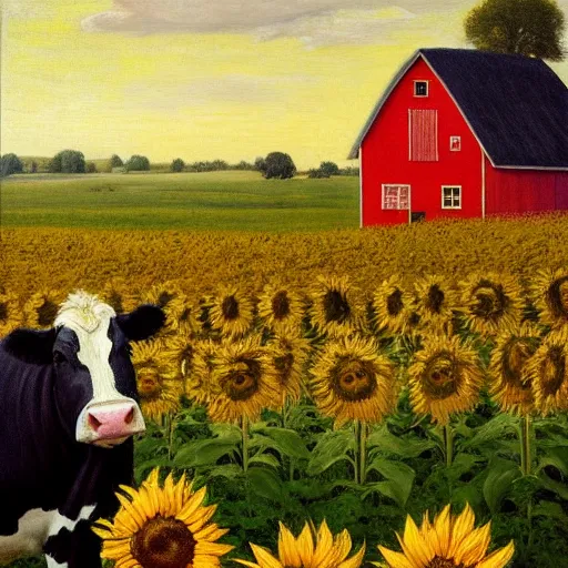 Image similar to up close face portrait of a black and white cow in a beautiful field of sunflowers with a red barn behind it, by Michael Sowa, rustic, golden hour, extremely detailed masterpiece, oil on canvas, by J. C. Leyendecker and Peter Paul Rubens and Edward Hopper and Michael Sowa,