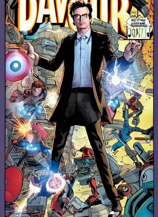 Image similar to A marvel comic book cover of the tenth doctor standing in front of the Tardis, daytime