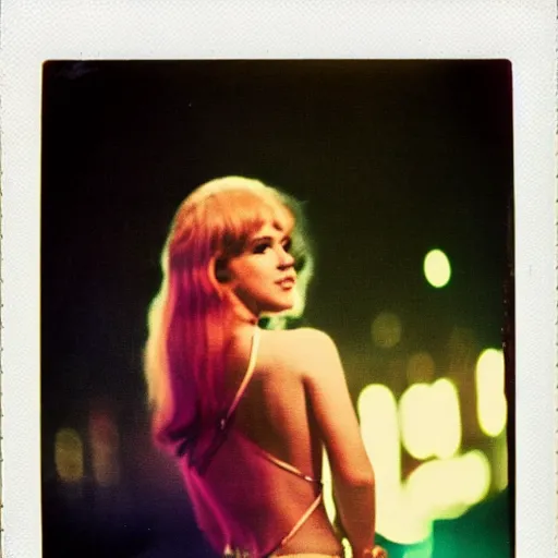 Image similar to a polaroid portrait of barbarella, vintage movie poster, bokeh, lit from behind, heavy film grain, color bleed