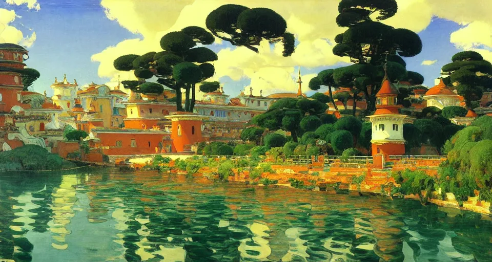 Image similar to ghibli illustrated background of a strikingly beautiful town by vasily polenov, joaquin sorolla, eugene von guerard, ivan shishkin, albert edelfelt, john singer sargent, albert bierstadt 4 k