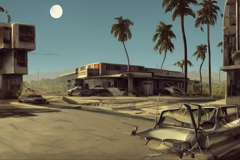Image similar to broken robot | abandoned motel | palm trees | snowy mountains | moon in sky, painting by syd mead and weta studio and greg rutkowski and james jean and frank frazetta, gta san - andreas game screenshot, highly detailed, rule of third, soft lighting, architectural magazine, insanely intricate details, artstation trending, hypermaximalistic, high details, cinematic