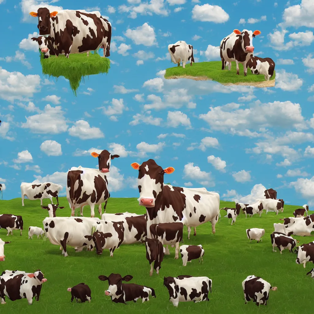 Prompt: a giant cow sitting with a lot of little cows around in a floating island, digital art