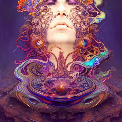 Image similar to An extremely psychedelic liquid marble ultra light, surreal, dramatic lighting, magic mushrooms, psilocybin, LSD, face, detailed, intricate, elegant, lithe, highly detailed, digital painting, artstation, concept art, smooth, sharp focus, illustration, art by Krenz Cushart and Artem Demura and alphonse mucha