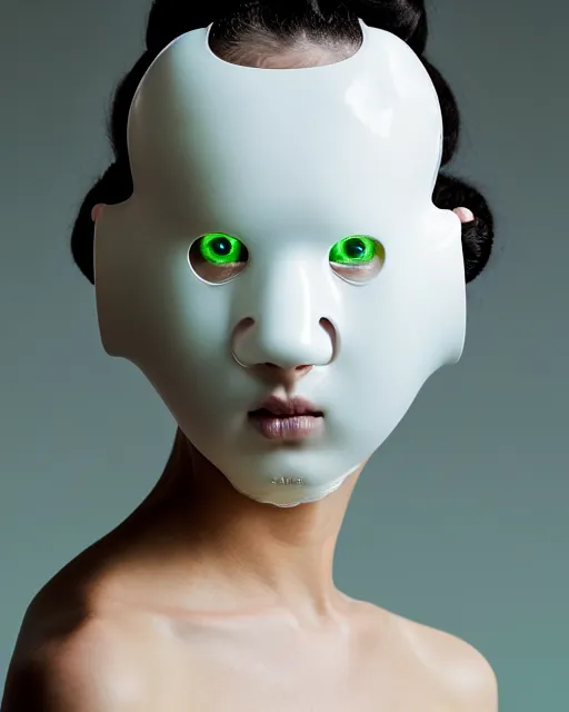 Prompt: portrait of a woman wearing a white embroidered translucent silicone mask and white green frizzy hair buns, wearing a black bodysuit by alexander mcqueen, cream white background, soft diffused light, biotechnology, humanoide robot, bjork aesthetic, translucent, by rineke dijkstra, intricate details, highly detailed, masterpiece,