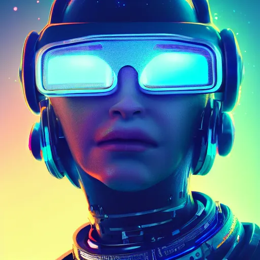 Image similar to cyberpunk astronaut bot, cinema 4 d, galaxy space sci - fi, wearing vr goggles, illustration, portrait, pastel neon textured background night, trending on artstation, greg rutkowski, octane rendered, 1 2 k, detailed,