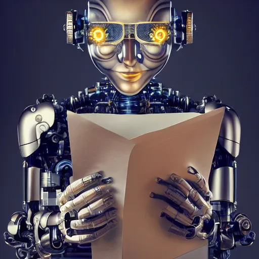 Image similar to a beautiful intricate fine art portrait photo of a happy mechanical futuristic cybernetic robot reading a letter of admission held in hands, by anna dittman and zach sutton, eyes glowing, happiness!, perfection!, studio lighting, golden ratio composition, 50mm lens, bionic, cybernetic scifi, deep depth of field, artstation, 8K