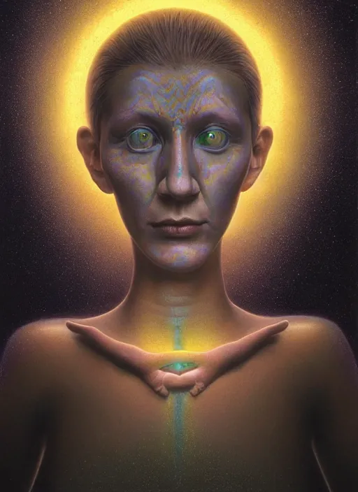 Image similar to portrait ultra dimensional enlightened cult woman shaman, enlightenment tripping on dmt, psychedelic experience, ultra high definition, unreal engine 5, hyperrealism, ray tracing, masterpiece composition, by michael parkes, casey weldon, barclay shaw