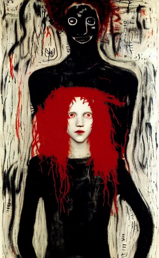 Prompt: portrait of a girl with long red hair in a black dress, under water, very beautiful style, girl wrapped in a leather salafan bag in black, jean - michel basquiat, photorealism, edgard maxence,