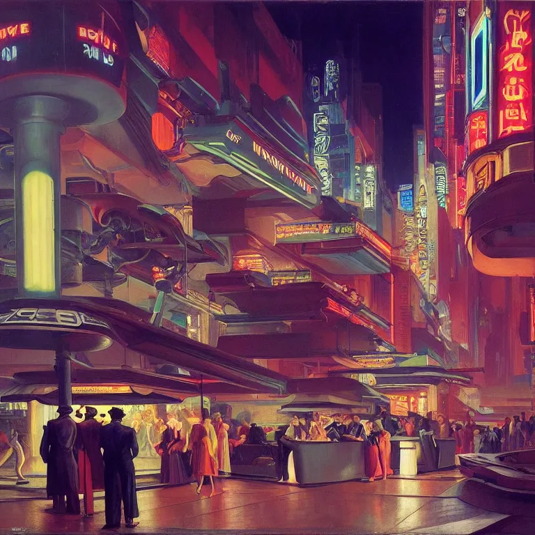 Prompt: scene of night life with people dressed in futuristic clothes, cyberpunk designs, vehicles, automations, and faint glows of vivid color, cinematic, highly detailed, intricate, digital matte painting, by edward hopper and noriyoshi ohrai