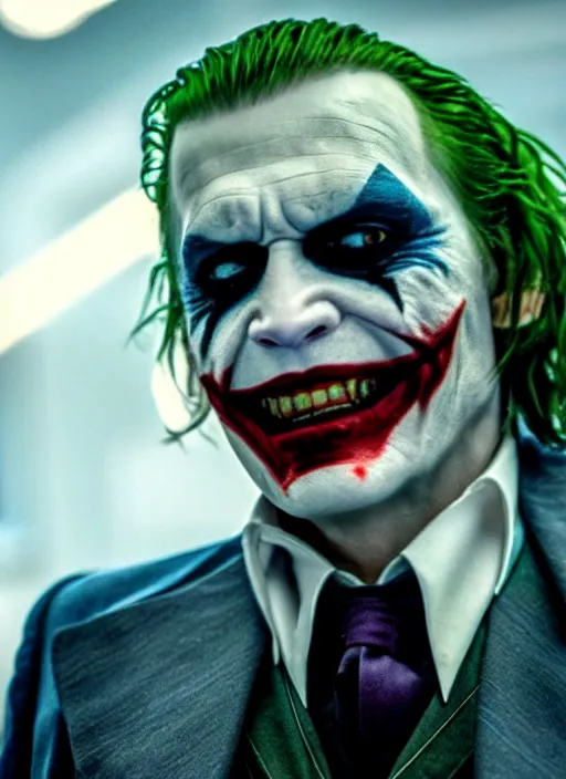 Prompt: film still of Johnny Depp as The Joker in The Dark Knight, 4k