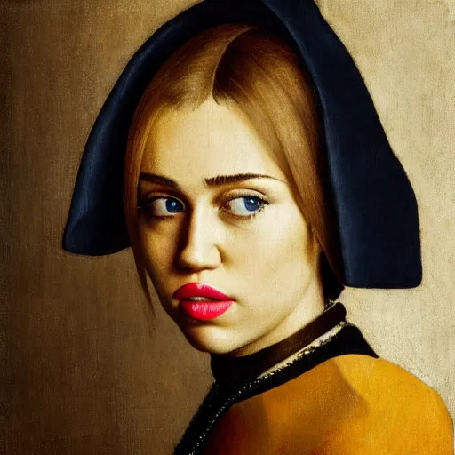 Image similar to portrait of Miley Cyrus, Johannes Vermeer, beautiful, high resolution,