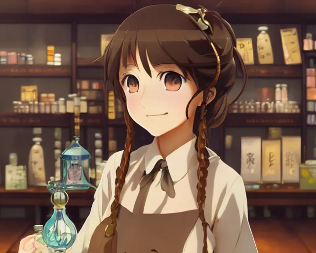 Prompt: anime visual, portrait of a young female traveler in a alchemist's potion shop interior, cute face by yoh yoshinari, katsura masakazu, cinematic luts, cold studio lighting, dynamic pose, dynamic perspective, strong silhouette, anime cels, ilya kuvshinov, cel shaded, crisp and sharp, rounded eyes, moody